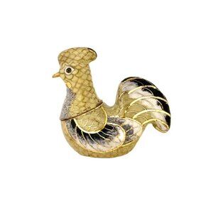 Chicken Design Trinket Box Cloisonné Enamel Brass Bird Vintage Oriental Decor